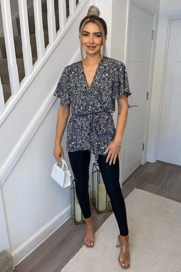 AX Paris Navy Ditsy Print Wrap Short Sleeve Belted Top Women Tops