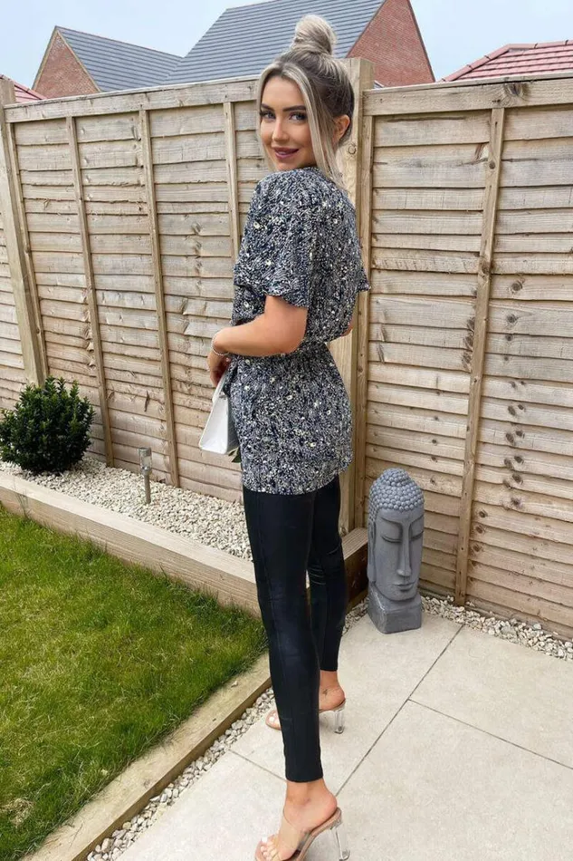 AX Paris Navy Ditsy Print Wrap Short Sleeve Belted Top Women Tops