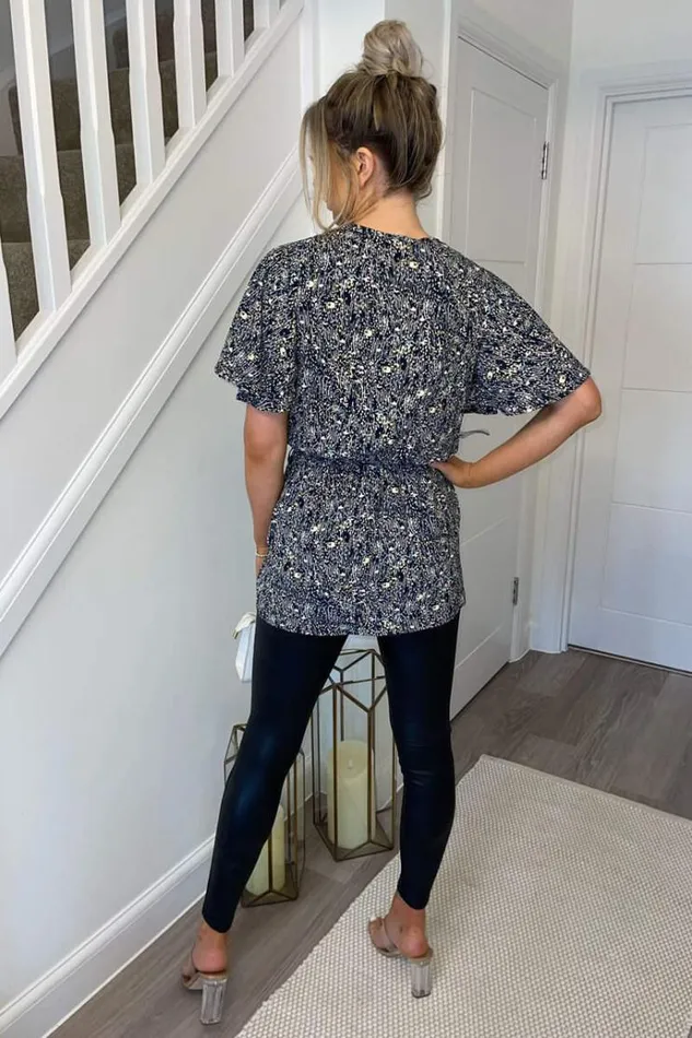 AX Paris Navy Ditsy Print Wrap Short Sleeve Belted Top Women Tops