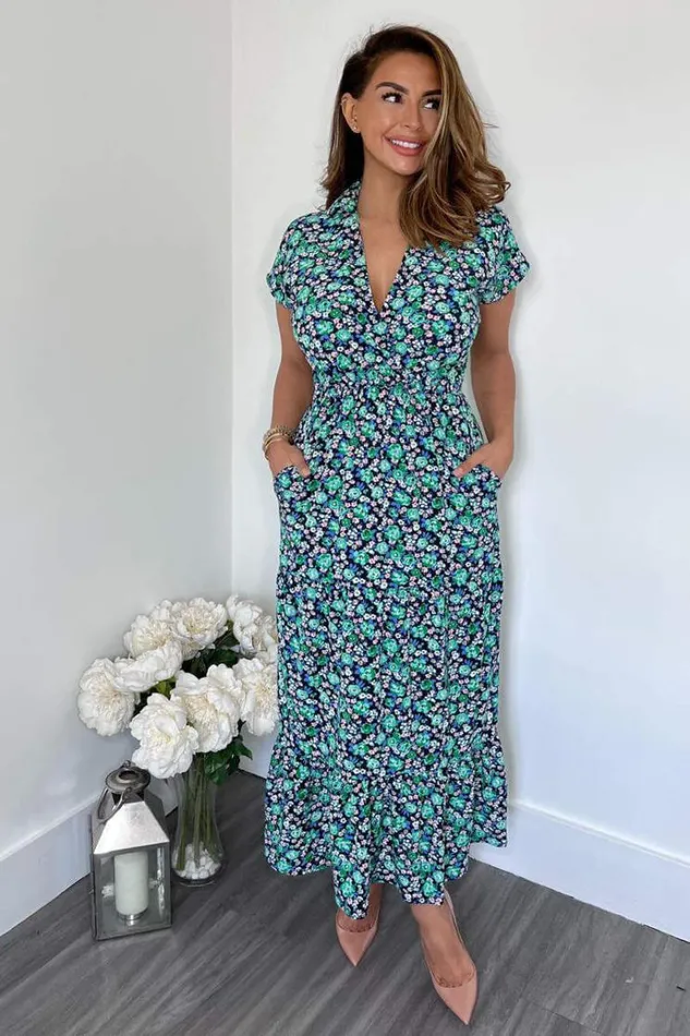AX Paris Navy Floral Print Short Sleeved VNeck Midi Smock Dress Women Dresses