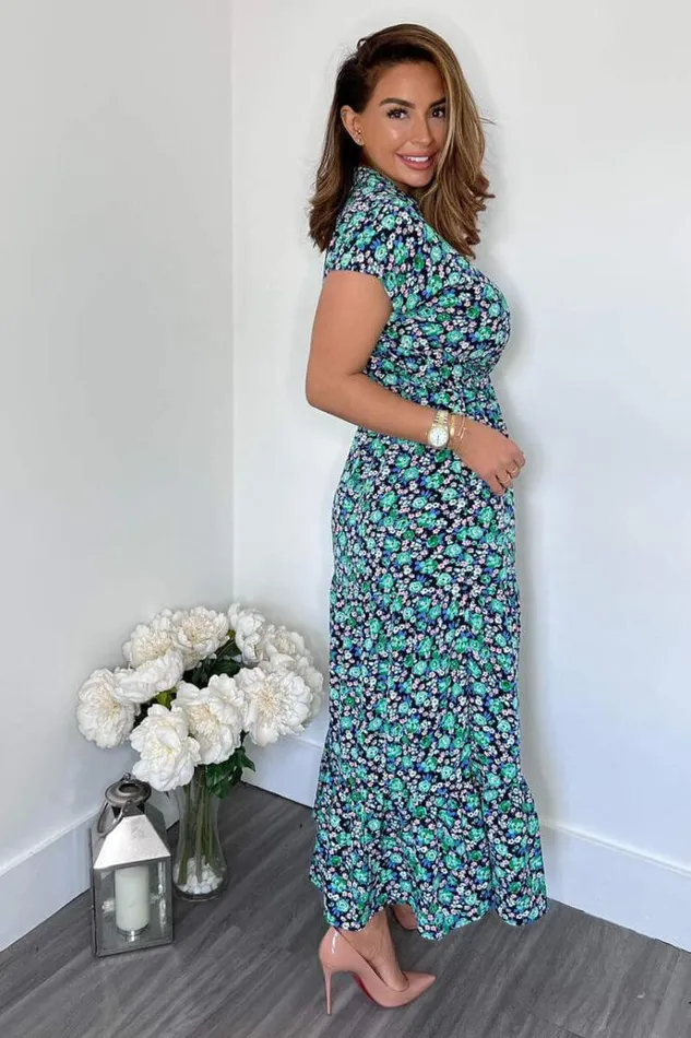 AX Paris Navy Floral Print Short Sleeved VNeck Midi Smock Dress Women Dresses