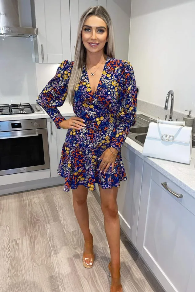 AX Paris Navy Floral Print VNeck Long Sleeve Skater Dress Women Dresses