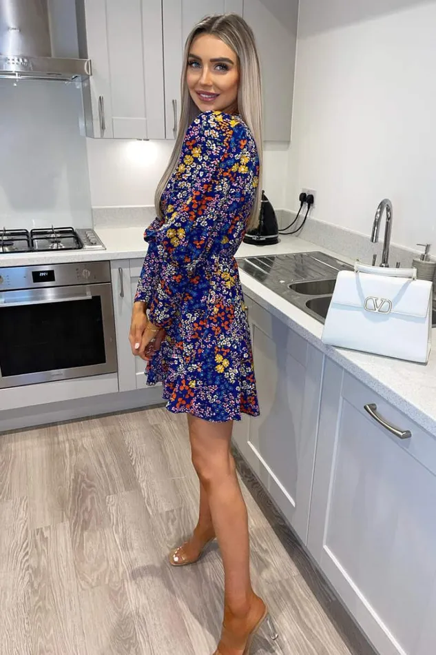 AX Paris Navy Floral Print VNeck Long Sleeve Skater Dress Women Dresses