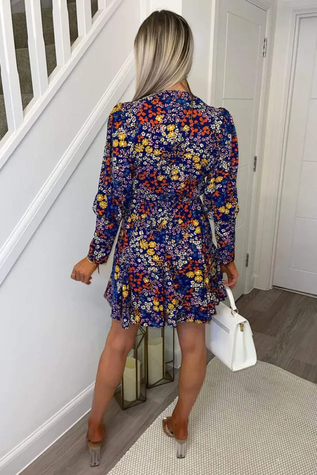 AX Paris Navy Floral Print VNeck Long Sleeve Skater Dress Women Dresses