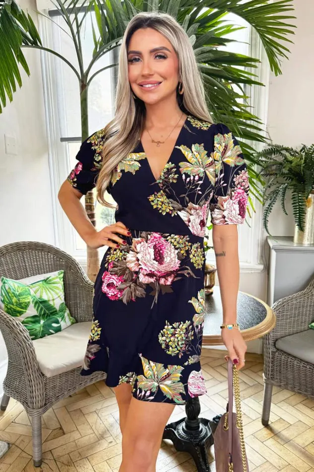 AX Paris Navy Floral Print Wrap Front Smock Mini Dress Women Dresses