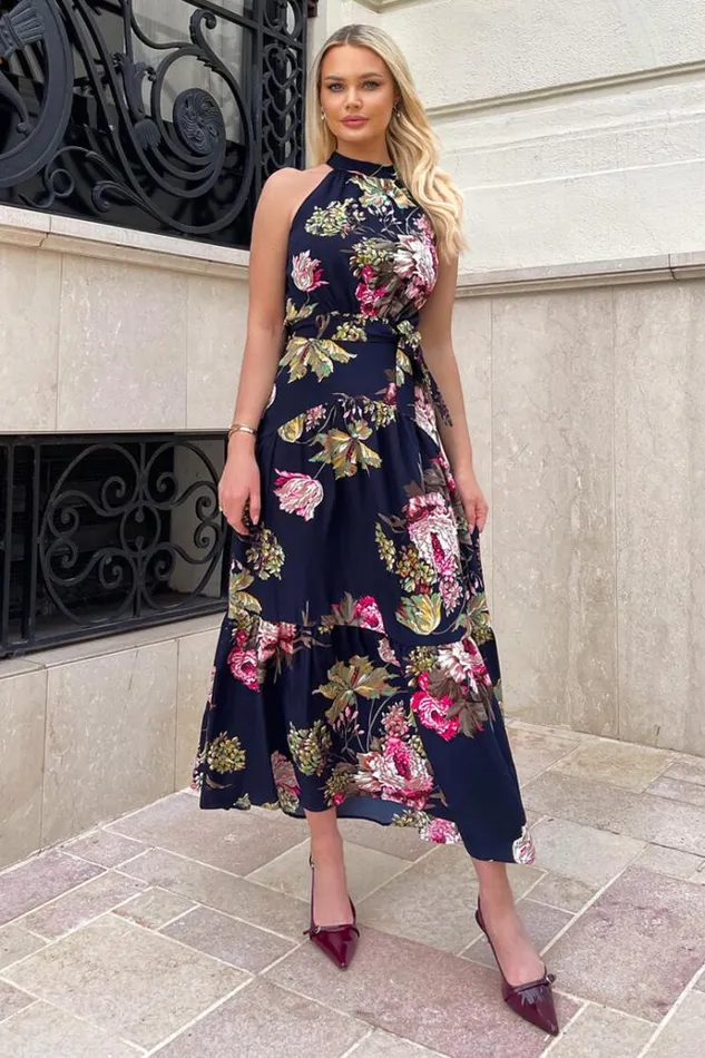 AX Paris Navy Floral Printed High Neck Tie Belt Midi Dress Women Dresses