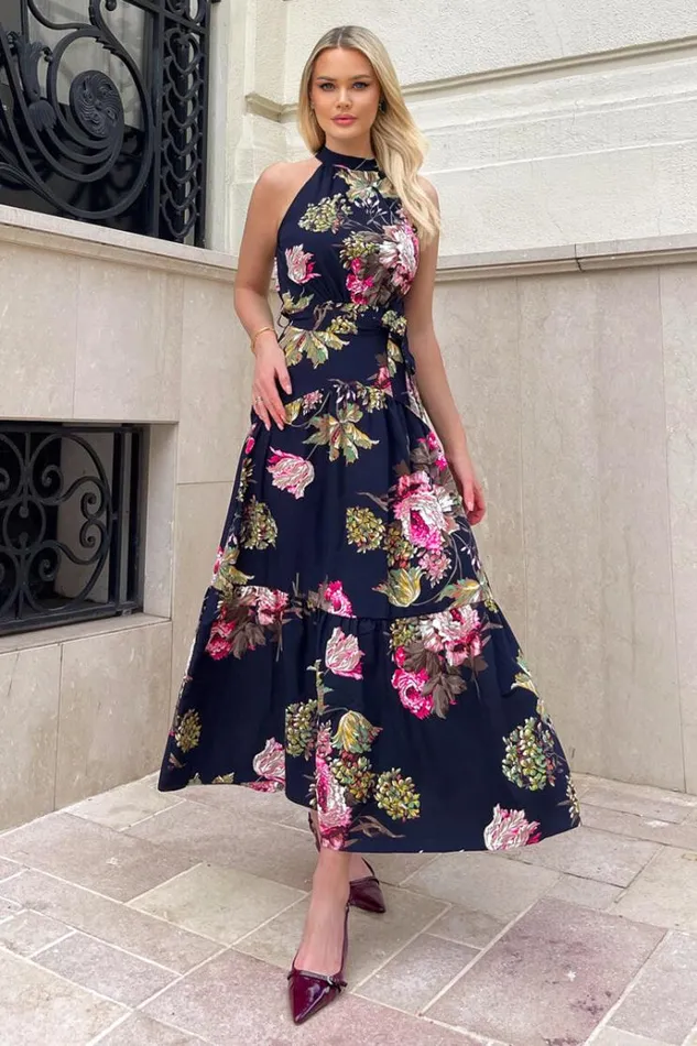 AX Paris Navy Floral Printed High Neck Tie Belt Midi Dress Women Dresses