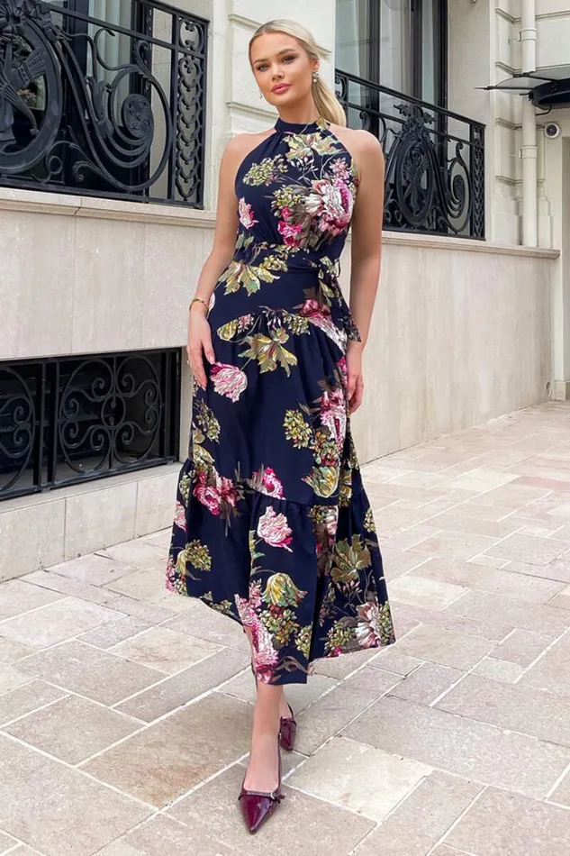 AX Paris Navy Floral Printed High Neck Tie Belt Midi Dress Women Dresses