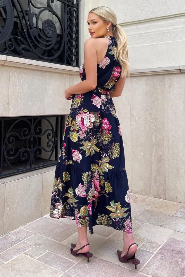 AX Paris Navy Floral Printed High Neck Tie Belt Midi Dress Women Dresses