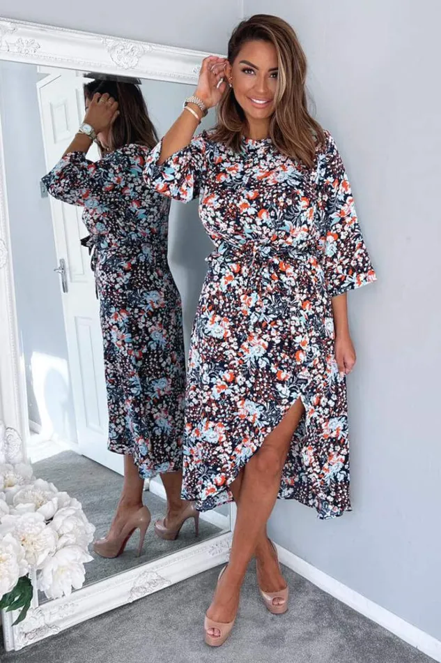 AX Paris Navy Floral Wrap Tie Front Midi Dress Women Dresses