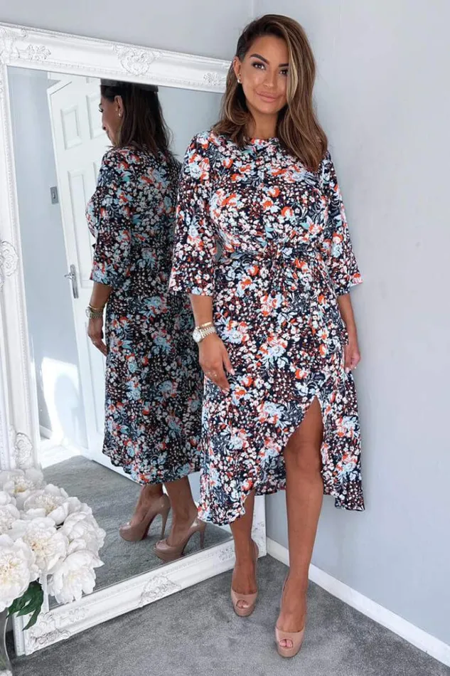 AX Paris Navy Floral Wrap Tie Front Midi Dress Women Dresses