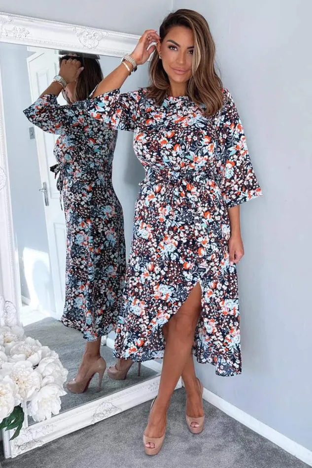 AX Paris Navy Floral Wrap Tie Front Midi Dress Women Dresses