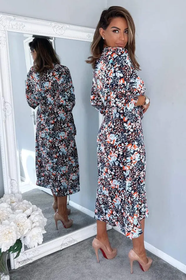 AX Paris Navy Floral Wrap Tie Front Midi Dress Women Dresses