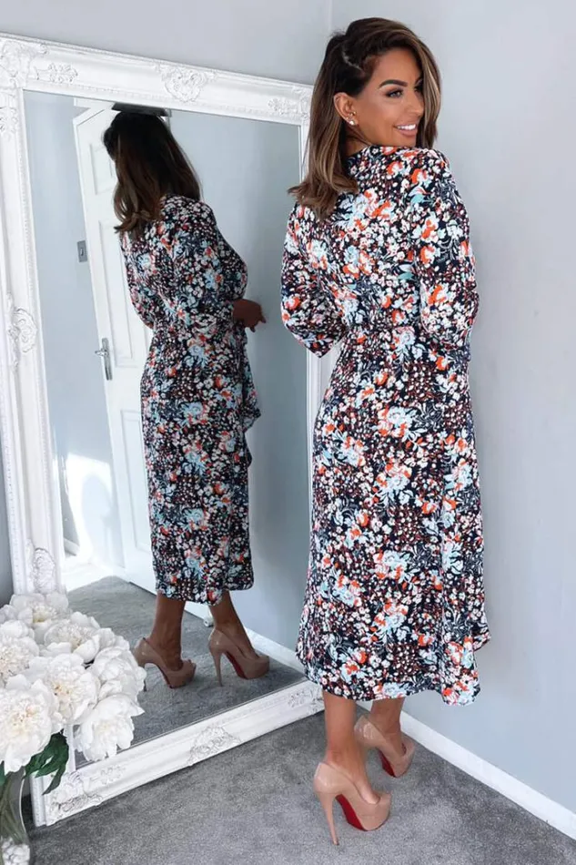 AX Paris Navy Floral Wrap Tie Front Midi Dress Women Dresses