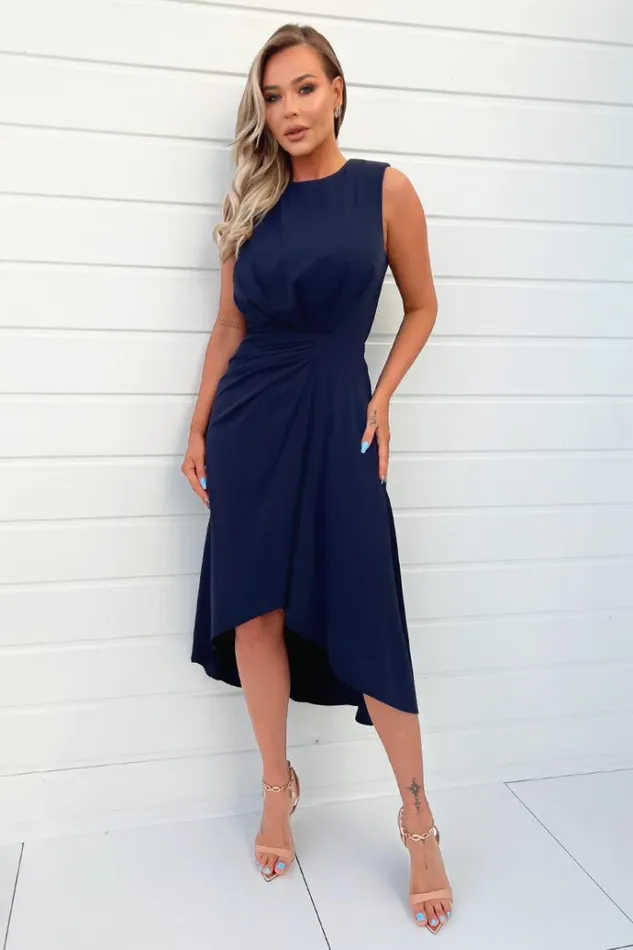 AX Paris Navy Gathered Midi Dress With Shoulder Pads Women Dresses