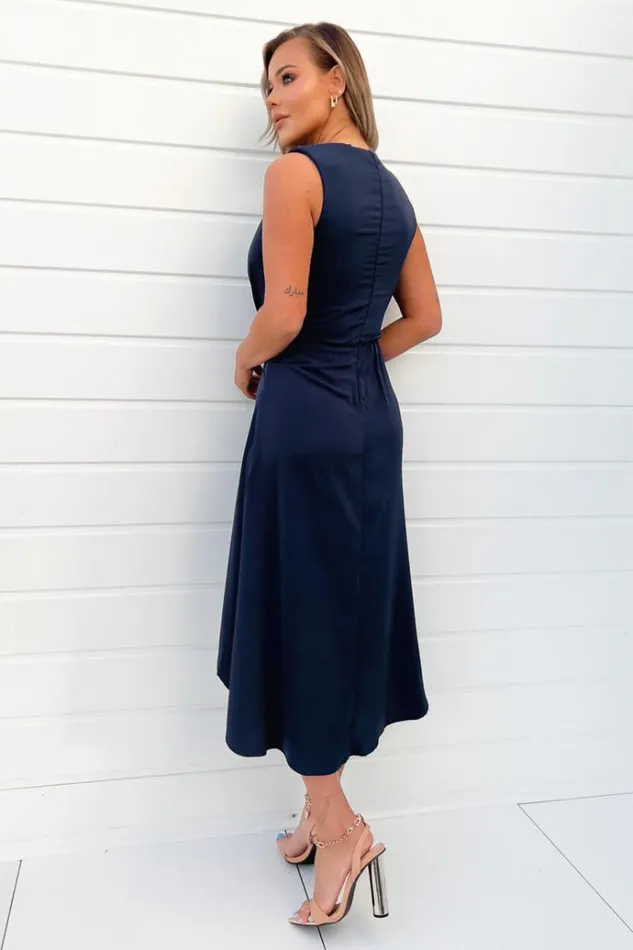 AX Paris Navy Gathered Midi Dress With Shoulder Pads Women Dresses