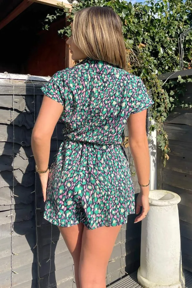 AX Paris Navy Green And Pink Printed Belted Playsuit Women Jumpsuits And Playsuits