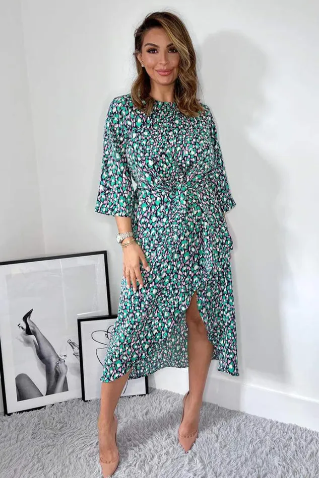 AX Paris Navy Green And Pink Printed Wrap Tie Front Midi Dress Women Dresses