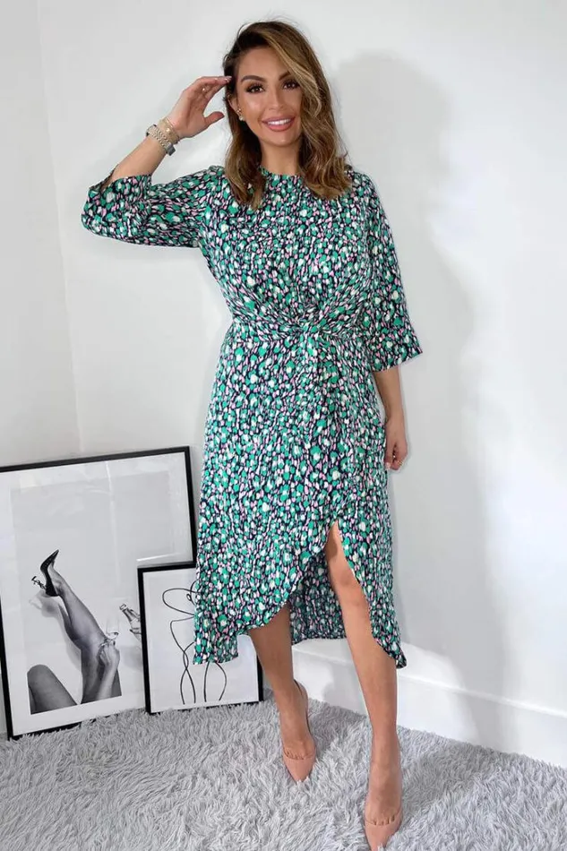 AX Paris Navy Green And Pink Printed Wrap Tie Front Midi Dress Women Dresses