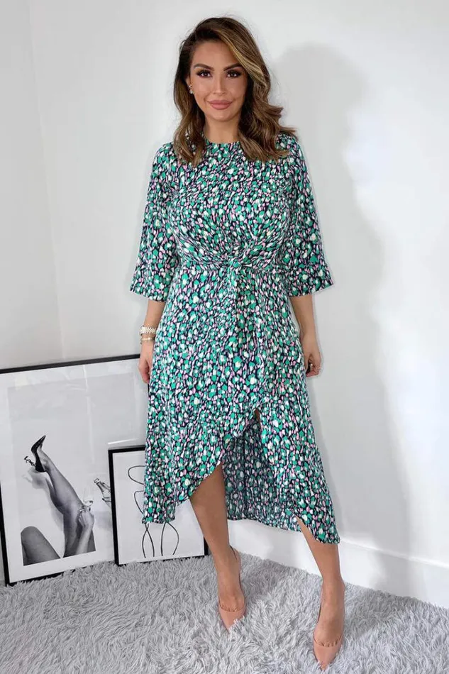 AX Paris Navy Green And Pink Printed Wrap Tie Front Midi Dress Women Dresses