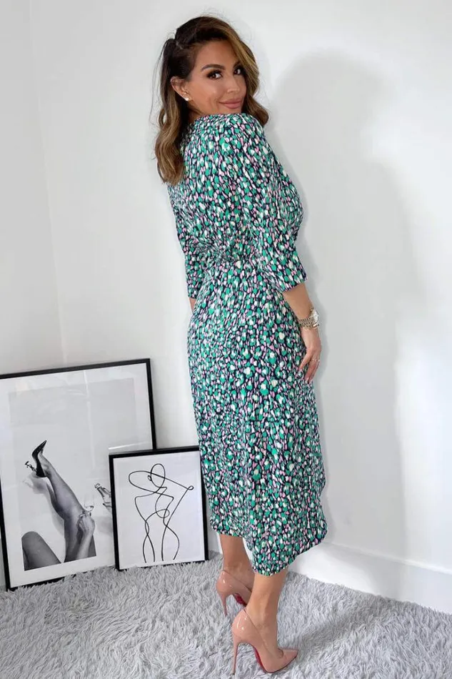 AX Paris Navy Green And Pink Printed Wrap Tie Front Midi Dress Women Dresses