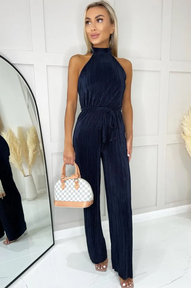 AX Paris Navy Halter Neck Plisse Jumpsuit Women Jumpsuits And Playsuits