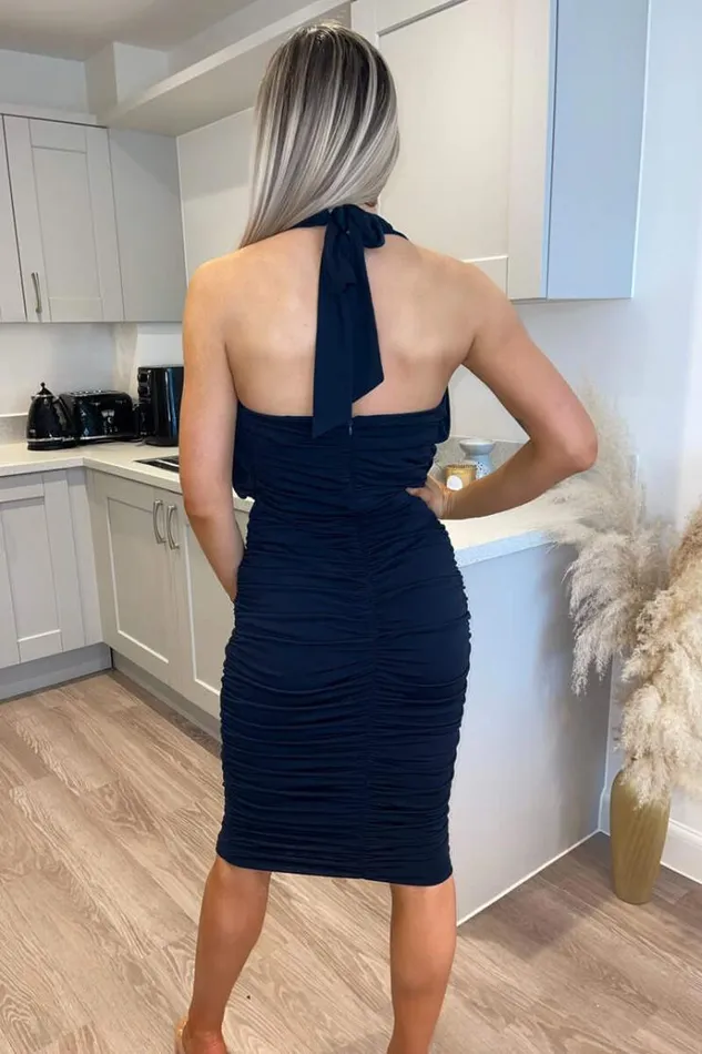 AX Paris Navy Halter Tie Neck Ruched Midi Bodycon Dress Women Dresses