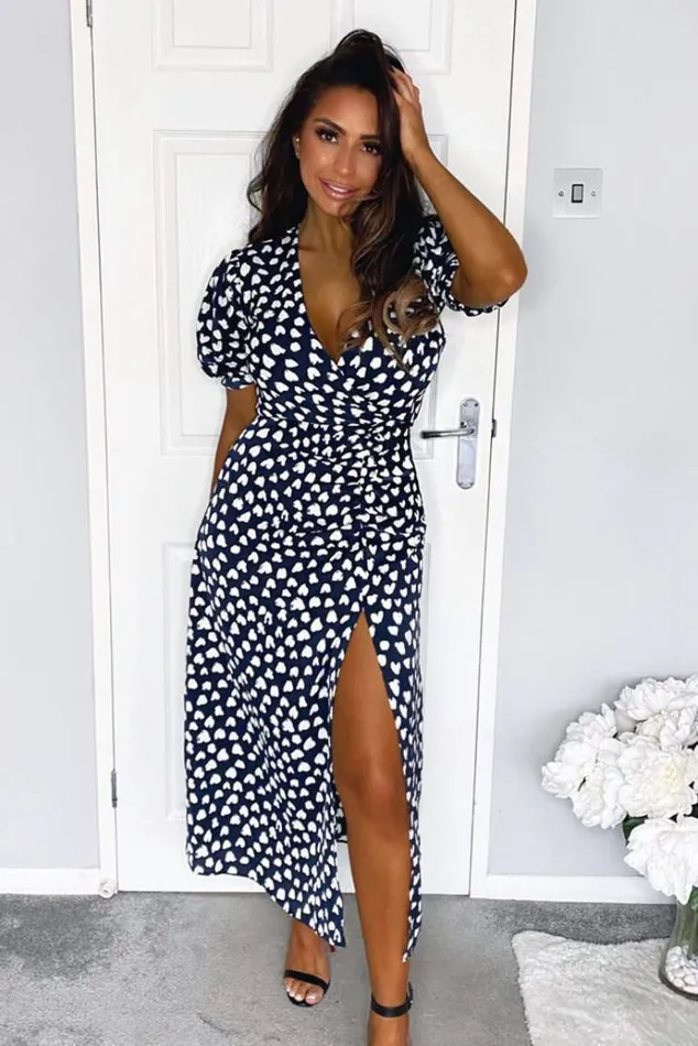 AX Paris Navy Heart Print Short Sleeve Midi Dress Women Dresses