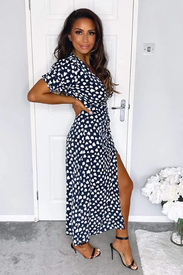 AX Paris Navy Heart Print Short Sleeve Midi Dress Women Dresses