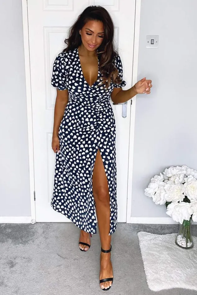 AX Paris Navy Heart Print Short Sleeve Midi Dress Women Dresses