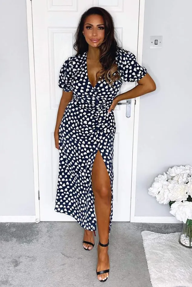 AX Paris Navy Heart Print Short Sleeve Midi Dress Women Dresses