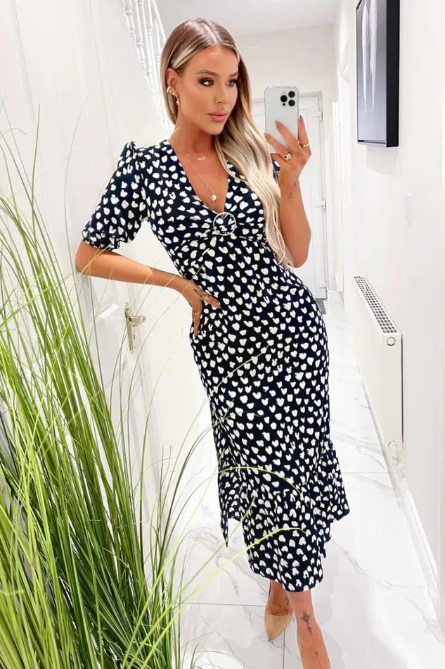 AX Paris Navy Heart Printed Hoop Knot Short Sleeve Midi Dress Women Dresses