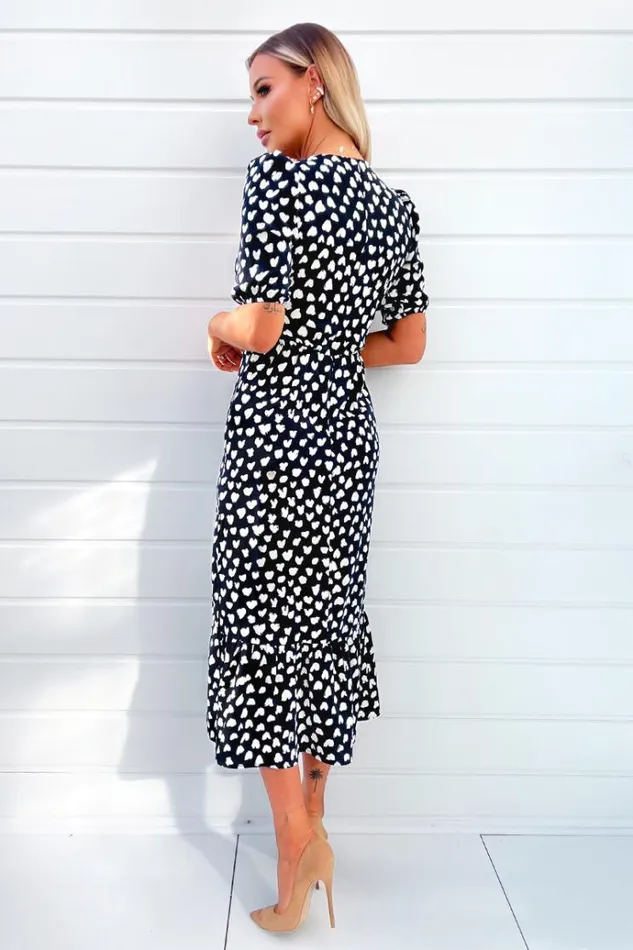 AX Paris Navy Heart Printed Hoop Knot Short Sleeve Midi Dress Women Dresses