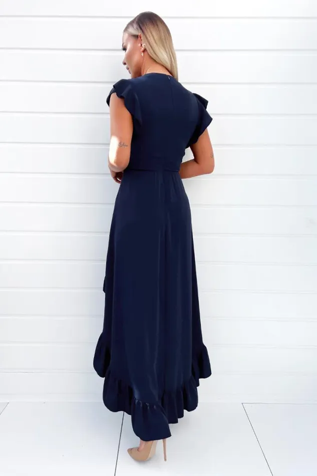 AX Paris Navy High Low Frill Hem V Neck Midi Dress Women Dresses