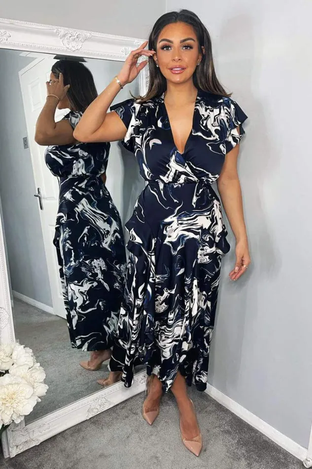 AX Paris Navy Marble Print Short Sleeve Ruffle Midi Dress Women Dresses