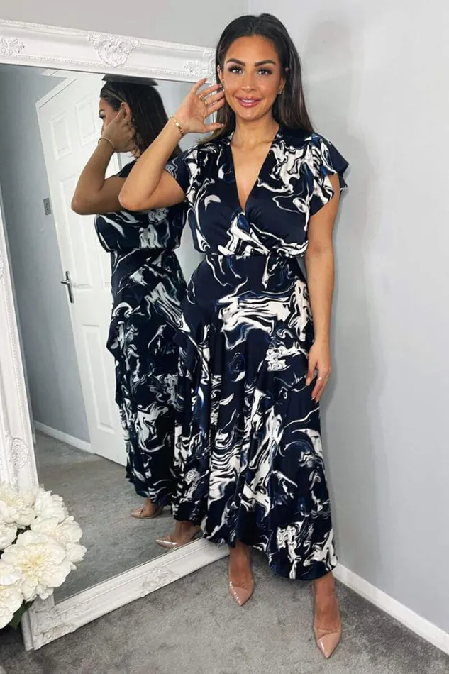 AX Paris Navy Marble Print Short Sleeve Ruffle Midi Dress Women Dresses
