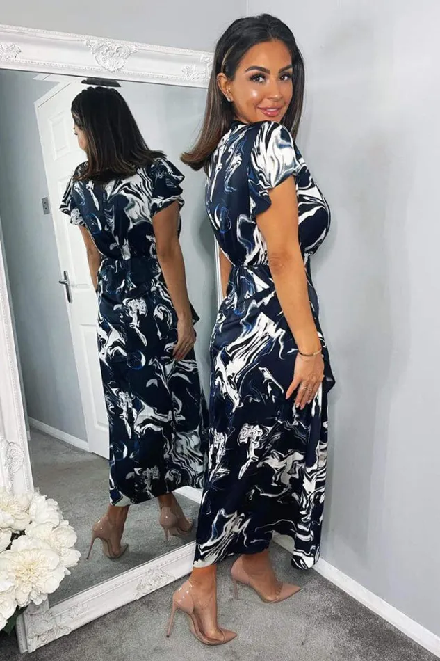 AX Paris Navy Marble Print Short Sleeve Ruffle Midi Dress Women Dresses