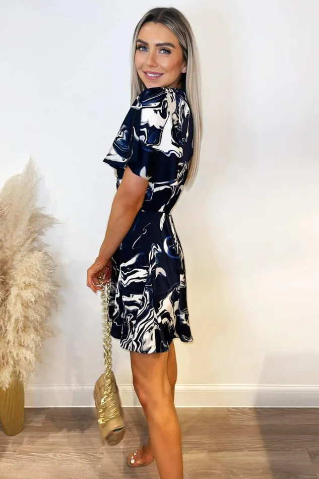 AX Paris Navy Marble Print Wrap Over Pleated Dress Women Dresses