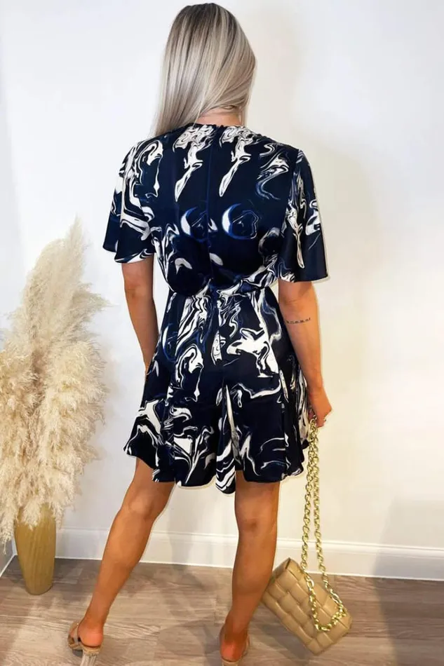 AX Paris Navy Marble Print Wrap Over Pleated Dress Women Dresses