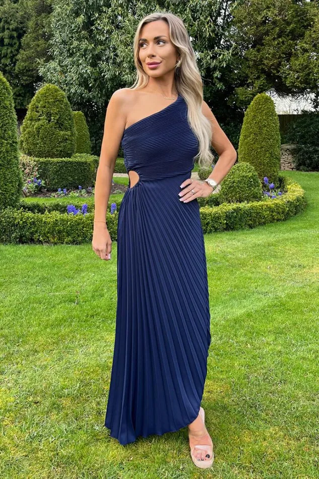 AX Paris Navy One Shoulder Cut Out Pleated Midi Dress Women Dresses