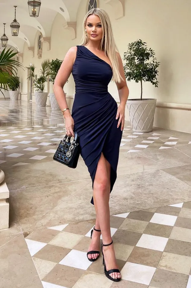 AX Paris Navy One Shoulder Draped Wrap Skirt Midi Dress Women Dresses