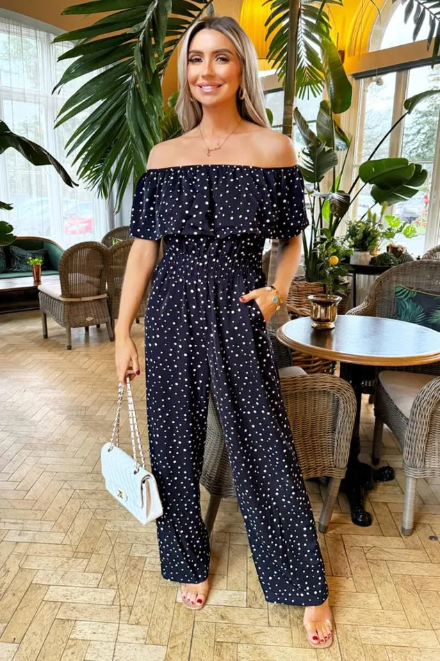 AX Paris Navy Polka Dot Bardot Jumpsuit Women Jumpsuits And Playsuits