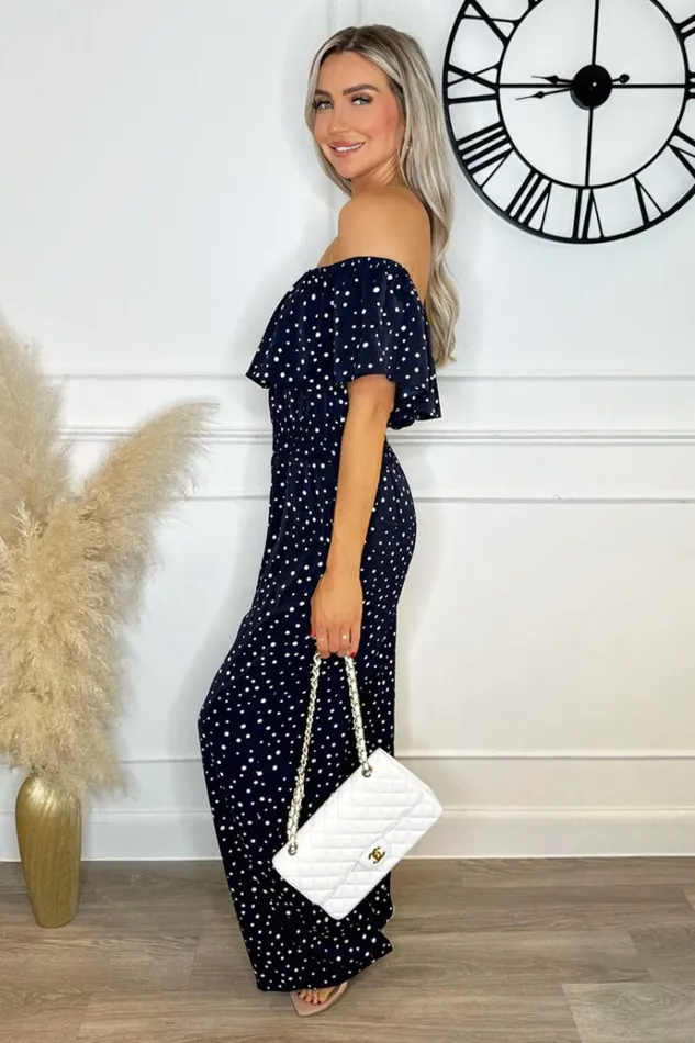 AX Paris Navy Polka Dot Bardot Jumpsuit Women Jumpsuits And Playsuits