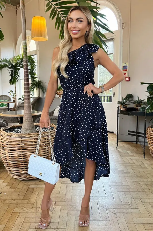 AX Paris Navy Polka Dot One Shoulder Frill Detail Dipped Hem Dress Women Dresses