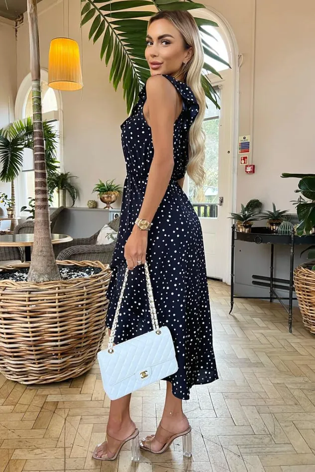 AX Paris Navy Polka Dot One Shoulder Frill Detail Dipped Hem Dress Women Dresses