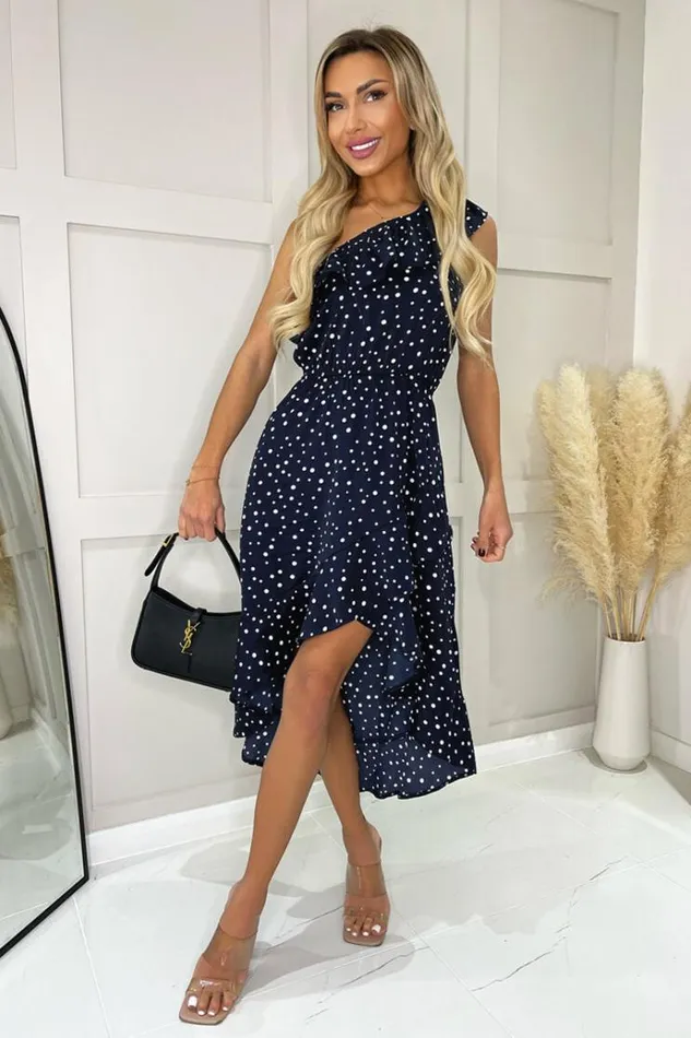 AX Paris Navy Polka Dot One Shoulder Frill Detail Dipped Hem Dress Women Dresses