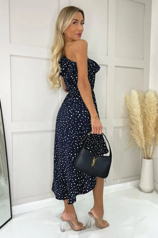 AX Paris Navy Polka Dot One Shoulder Frill Detail Dipped Hem Dress Women Dresses