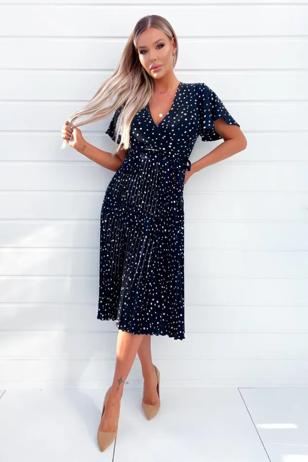 AX Paris Navy Polka Dot Wrap Top Belted Pleated Midi Dress Women Dresses