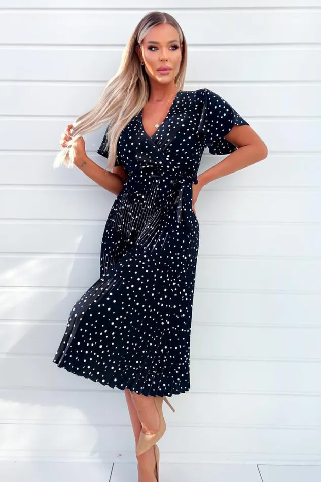 AX Paris Navy Polka Dot Wrap Top Belted Pleated Midi Dress Women Dresses