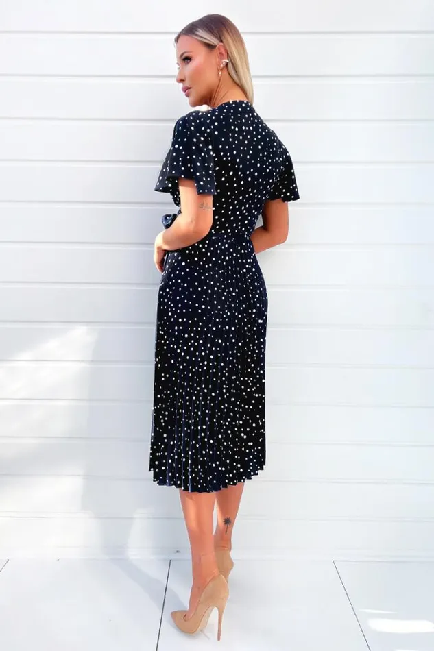 AX Paris Navy Polka Dot Wrap Top Belted Pleated Midi Dress Women Dresses